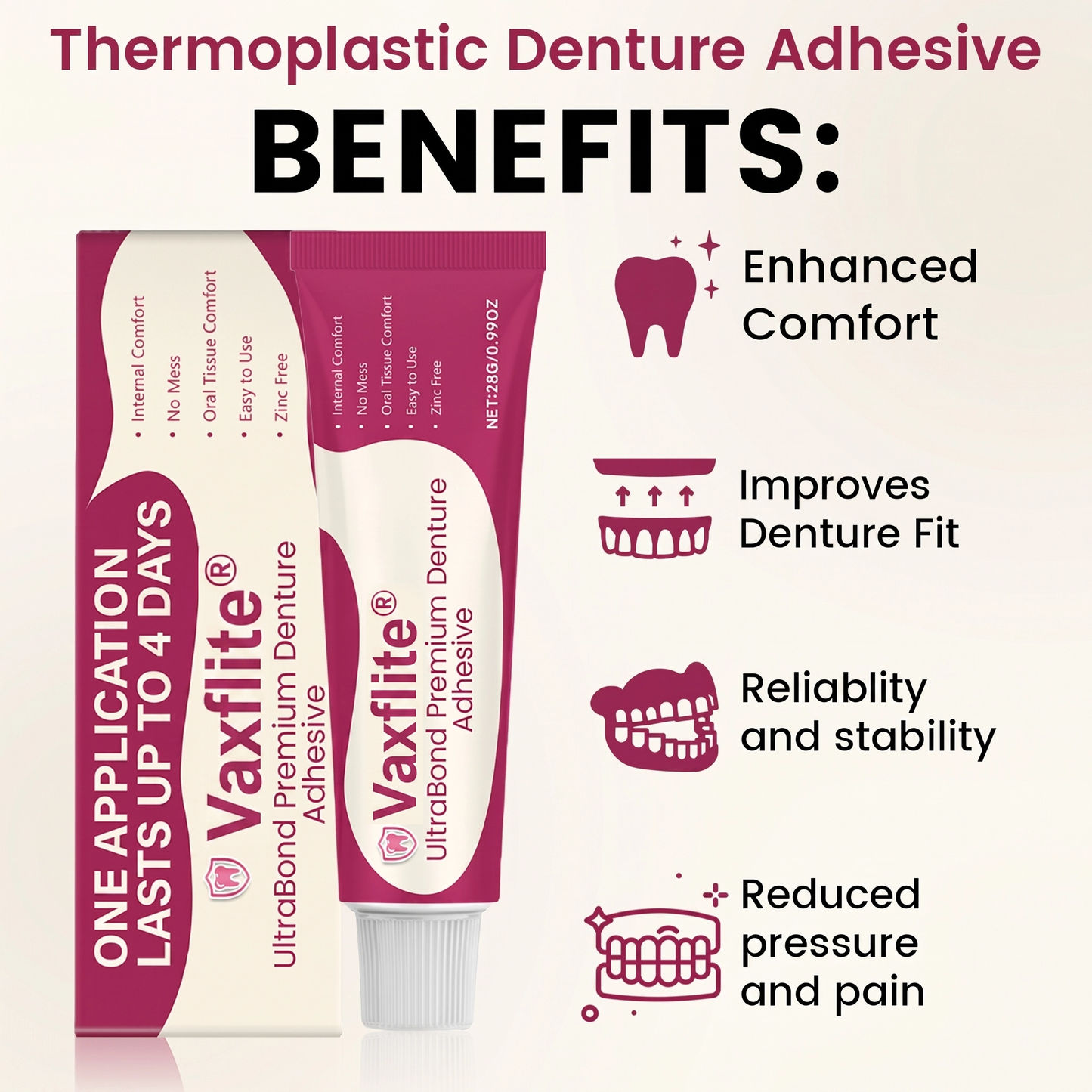 Vaxflite® UltraBond Premium Denture Adhesive 🔥 FDA Certified (Clinically Proven 4-Day Hold for Secure, Comfortable & Zinc-Free Denture Fit 🦷)